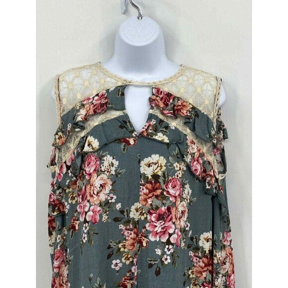 Umgee Tunic Top Womens Medium Green Floral Lace Ruffle Sleeveless - Picture 2 of 8